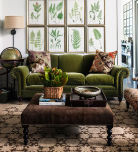 Green Velvet Couch and Brown Ottoman